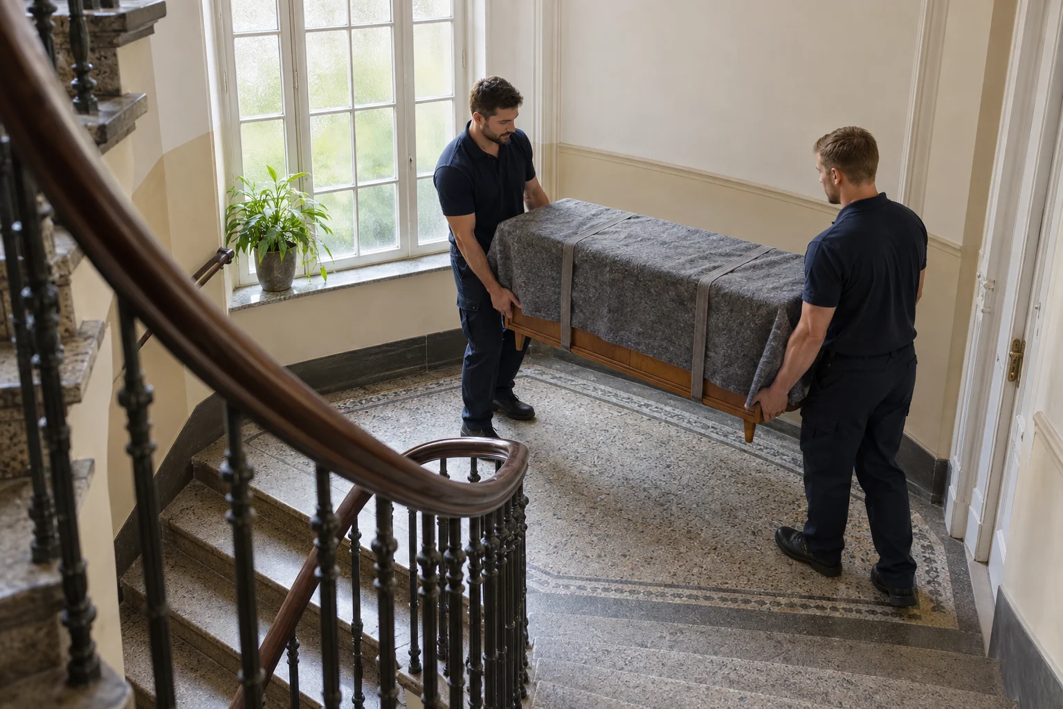 Zwei Umzugshelfer tragen ein mit Decken geschütztes Sideboard durch ein Berliner Altbautreppenhaus.