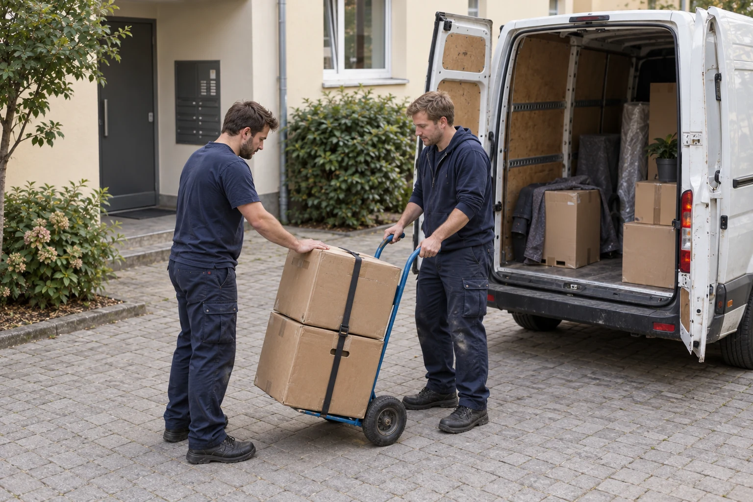 Ein Umzugshelfer führt eine Sackkarre mit zwei gesicherten Kartons; sein Kollege stabilisiert die Ladung neben dem Transporter.