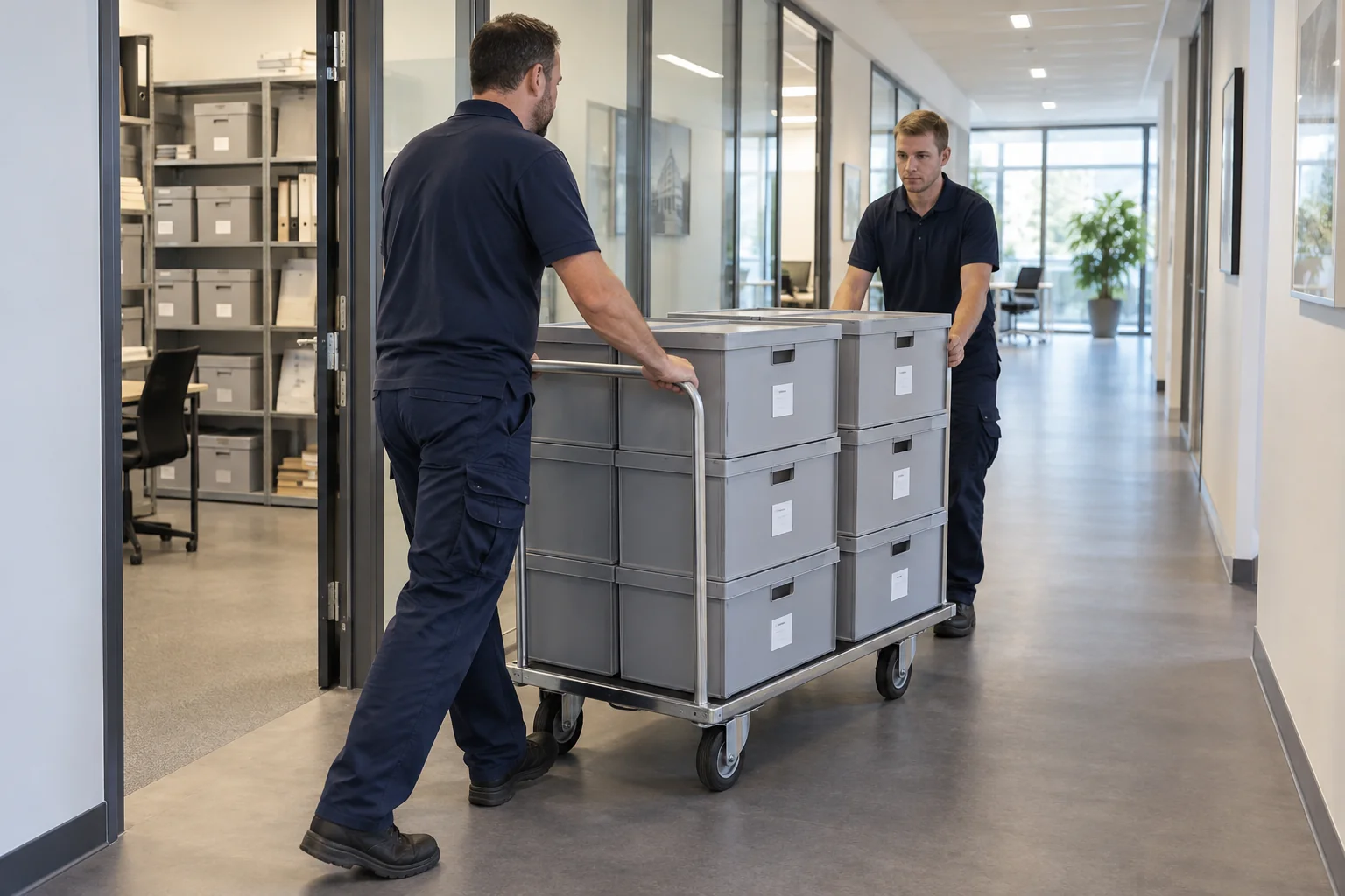 Zwei Umzugshelfer schieben gestapelte Archivboxen auf einem Rollwagen durch einen Büroflur.